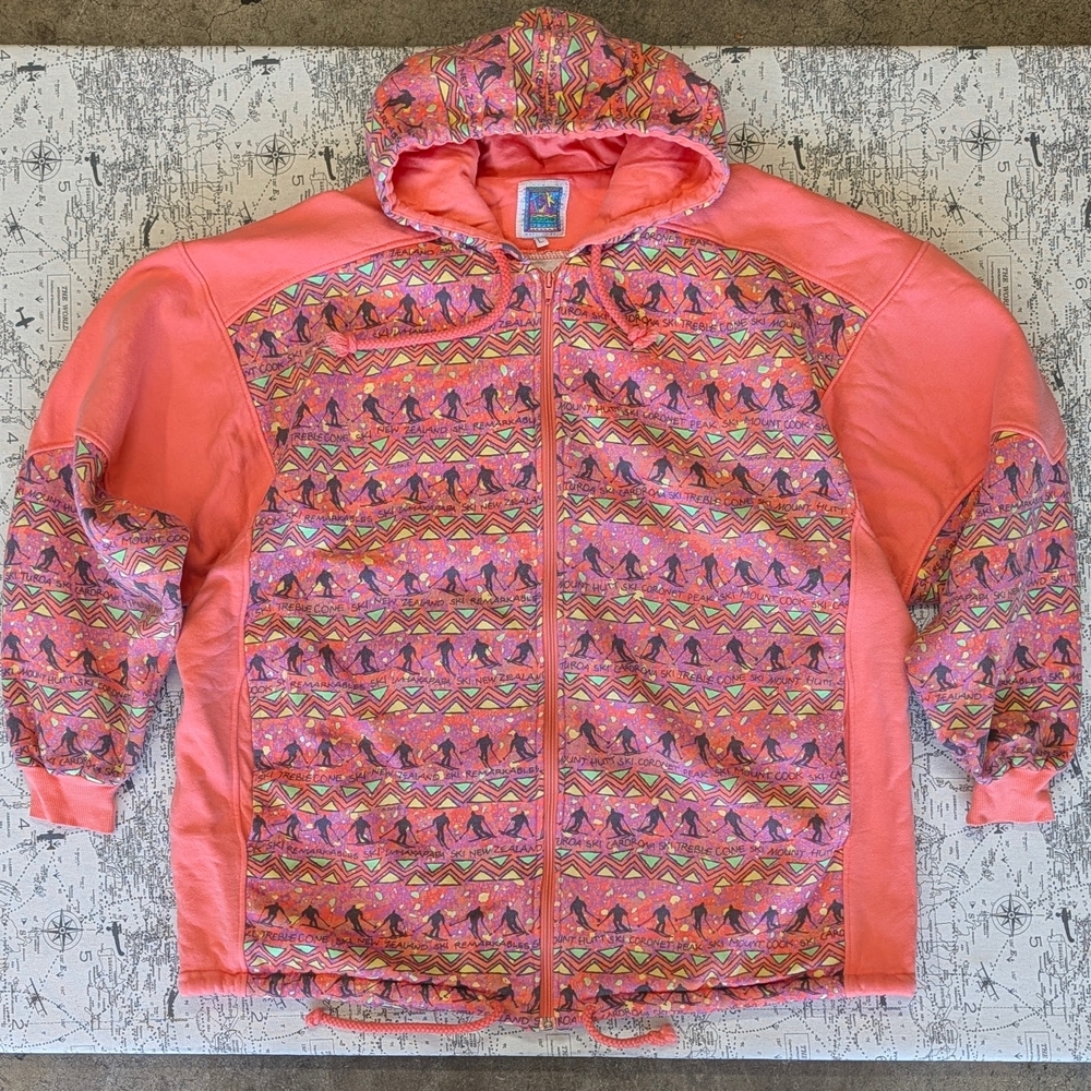 Vintage 90s T&SKI Originals Neon Print Cotton Zip Up Hoodie Size Large